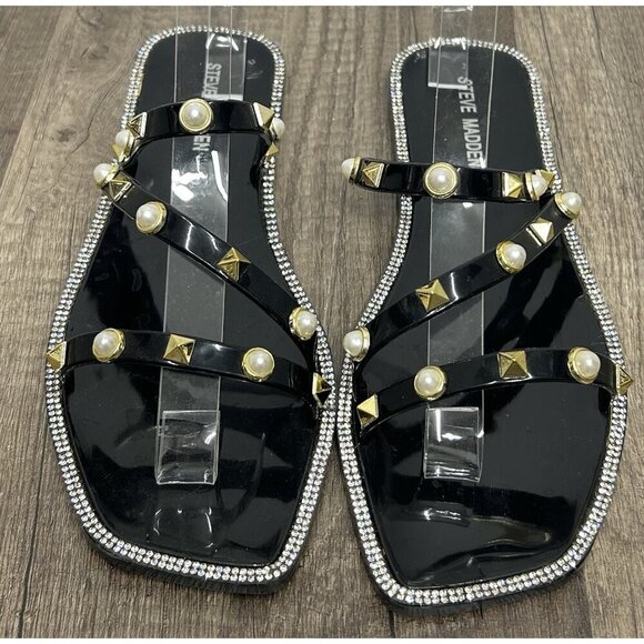 Steve Madden Jellah sandals size 7 Black Rhinestone Pearl Studded Jelly Slide - Picture 3 of 9